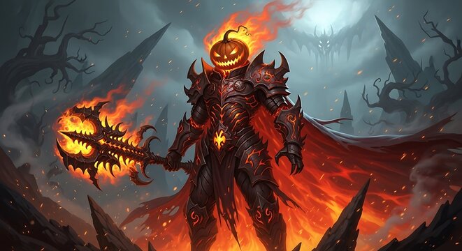 Fantasy Demon Warrior with Pumpkin Head.