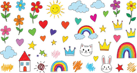 Obraz premium Set of colorful hand drawn doodle elements including flowers, hearts, rainbows, stars, crowns, and cute animals