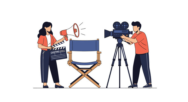 Professional movie production set featuring a film camera on a tripod a director chair and crew with equipment.