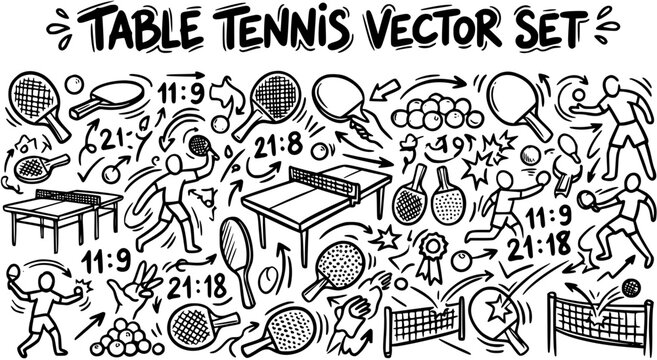 Table Tennis Sports Vector Set. Hand-drawn Black and White Line Art Doodle Illustrations of Rackets, Balls, Tables, Nets, Players, and Game Elements.