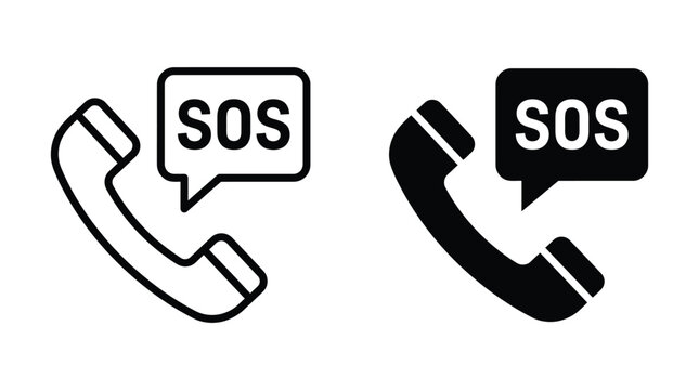 SOS call vector icon isolated on white Black and white outline line art and solid glyph silhouette