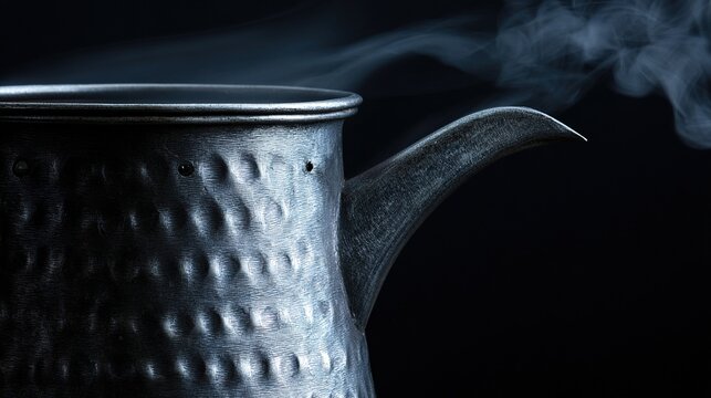 flagon. Close-up of an antique pewter flagon with hammered texture and rising vapor. bar promotions, beverage menus, designed for product packaging and bar promotions.