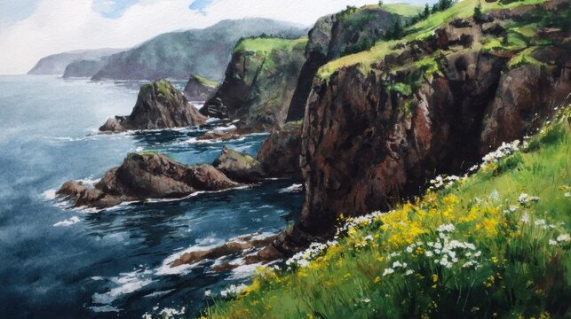 Coastal artwork showcasing rocky cliffs meeting the sea with vibrant flora on the bluffs