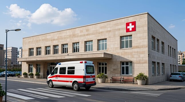 Front view of a modern hospital building with a red cross emblem, an ambulance parked on the street, representing vital healthcare and emergency services