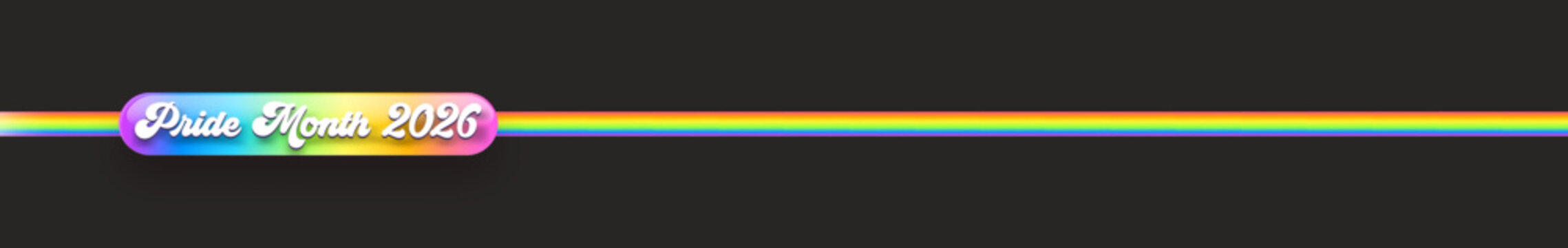 Pride Month typography lettering wide banner with rainbow circular button badge on grey background. Minimalist LGBTQ community icon for love equality event poster and corporate web header design.