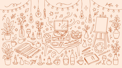 Line drawing illustration of cozy still life with music art and plants © Unknown designer