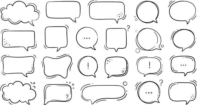 Hand drawn doodle speech bubble collection with various shapes and dialog boxes for comic chat and message design set