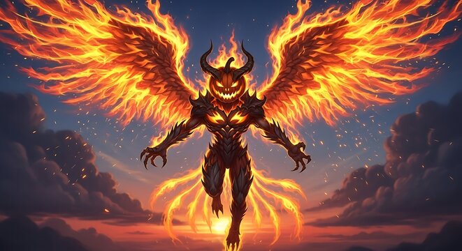 Fiery Jack-o-Lantern Demon with Angelic Wings Ascending.
