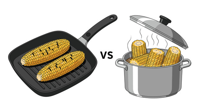 Culinary comparison showing two ways to cook corn on the cob either grilled in a pan or boiled in a large pot.