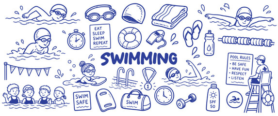 Swimming concept drawing illustration set. Hand-drawn vector illustration.  © Evelyn