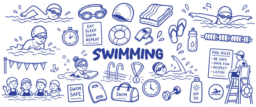 Swimming concept drawing illustration set. Hand-drawn vector illustration.	