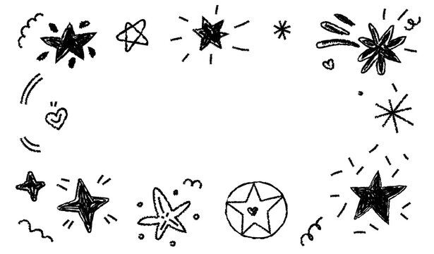 Hand drawn star doodle frame with sketchy cosmic elements and rough ink texture. Cute space border for kids posters, invitations, stickers and nursery design.