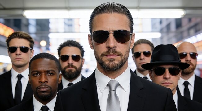 Group of serious men in suits wearing sunglasses in urban setting