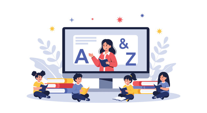 Concept of remote learning for kids with a teacher on a large screen teaching a group of children reading books.