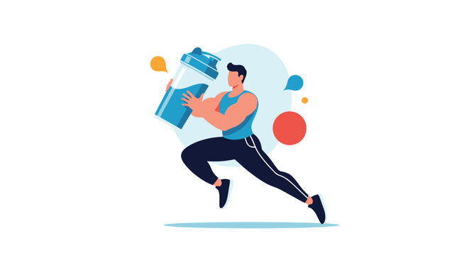 Fit and muscular man running with energy while holding a large supplement shaker bottle to promote sports nutrition and active lifestyle.