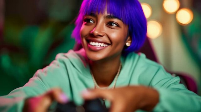 Close up woman concentrating while holding controller in room