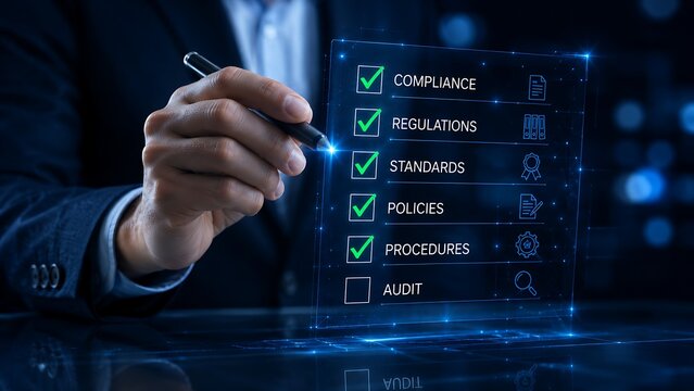 Businessman checking compliance regulations standards policies procedures audit checklist on a digital screen with a pen in hand