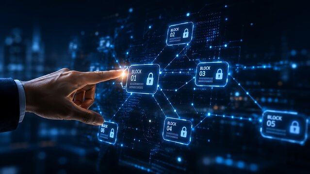 A hand interacting with a futuristic blockchain network security system with glowing blue locks and connections on a dark background