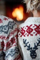 Fototapeta premium Two in matching reindeer sweaters, backs to viewer, gaze at glowing fireplace. light, cozy winter scene. Blonde hair on right shoulder..