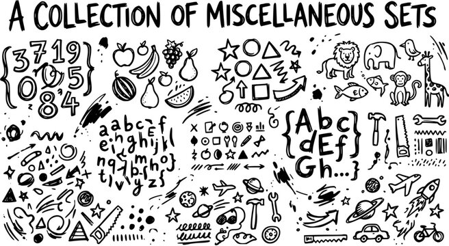 Education Hand-drawn Black and White Line Art Doodle Set: Numbers, Letters, Animals, and Diverse Icons