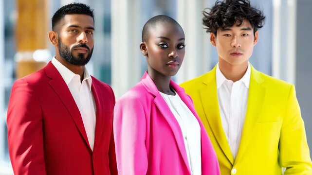 Three models standing in sunlit modern atrium space