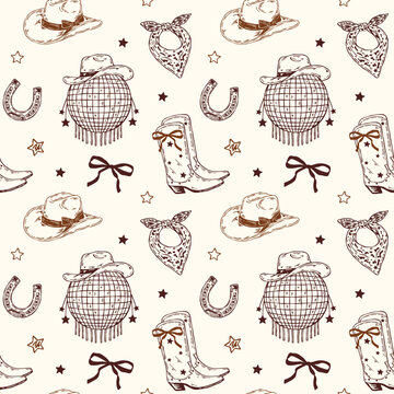 Hand-drawn wild west cowgirl vector seamless pattern with cowboy boots, disco ball, cowboy hat, horseshoe, bandana and bows in whimsical doodle style