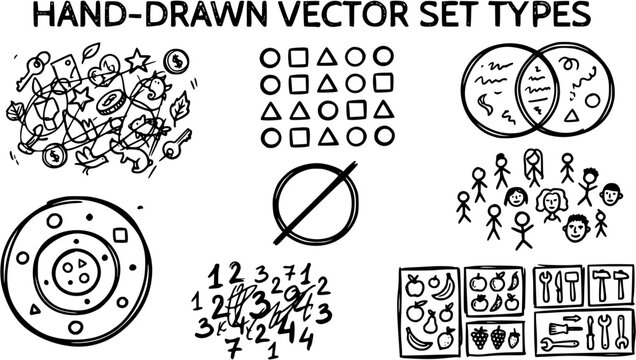 Hand-Drawn Black and White Vector Set Types Collection. Doodle Outline Illustrations for Graphic Design: Shapes, Icons, People, Numbers, Fruits, Tools.