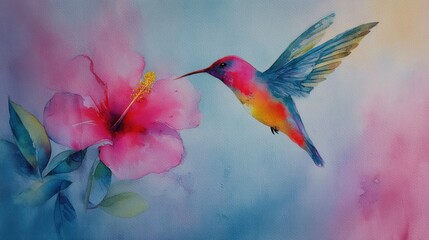 Fototapeta premium A vibrant hummingbird with iridescent wings approaches a blooming hibiscus flower, painted with watercolor techniques in a soft background