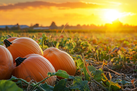 Golden Hour Sunset Over a Pumpkin Patch Field.