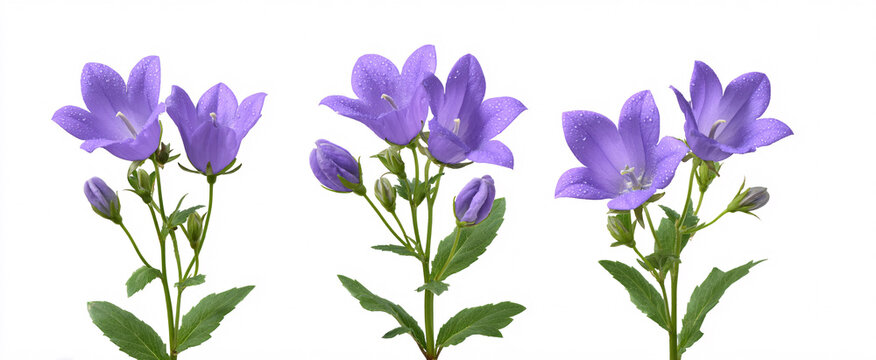 Vibrant Campanula carpatica blossoms evoke joy against a pristine white backdrop.