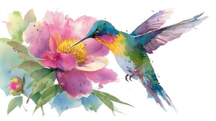 Fototapeta premium A watercolor hummingbird, vibrant and colorful, hovers near a pink peony, feeding on the flower. A bright, airy image