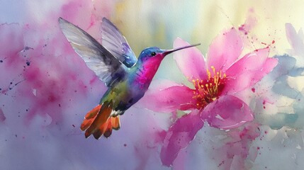 Obraz premium Hummingbird facing pink flower, watercolor style. Delicate, vibrant