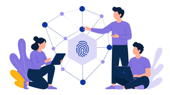 People Using Biometric Fingerprint Authentication Within a Network Diagram.