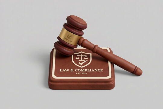 Mazo de juez en 3D sobre bloque con escudo de cumplimiento "LAW & COMPLIANCE"