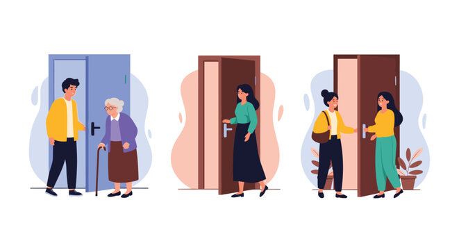 Illustration of polite social etiquette showing diverse individuals opening and holding doors for elderly people, friends, and strangers.