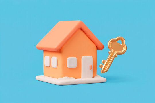 Icono 3D de casa minimalista naranja pastel con una llave dorada flotante
