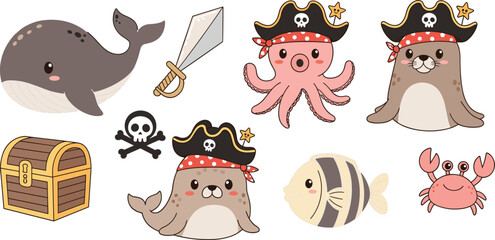 Obraz premium Cute Pirate Sea Animals Set with Seal, Octopus, Whale, Crab, Fish, Treasure Chest, and Skull Crossbones for Kids and Nursery Designs
