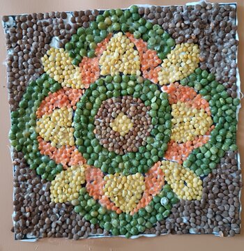 Art Work with split lentils, split green grams, split red grams, different types of grams