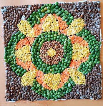 Art Work with split lentils, split green grams, split red grams, different types of grams