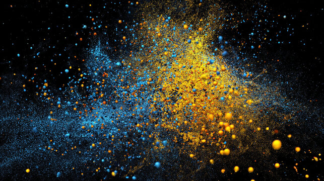 Abstract background of blue and yellow powder particles exploding in dark space