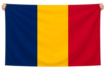 Fototapeta premium Tricolor flag displayed against white background with blue yellow and red vertical stripes