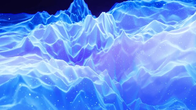 Loop 4k. Abstract waves of soft blue matte material with light inner glow and glitters on morphing surface. Abstract geometric surface like landscape or terrain, extrude or displace 3d noise.