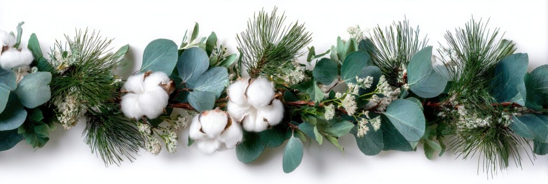 white cotton bolls, green pine, eucalyptus leaves, and tiny babys breath flowers arranged on clean white background.