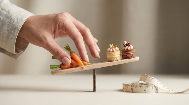 Hand balancing carrots and desserts on wooden scale with measuring tape