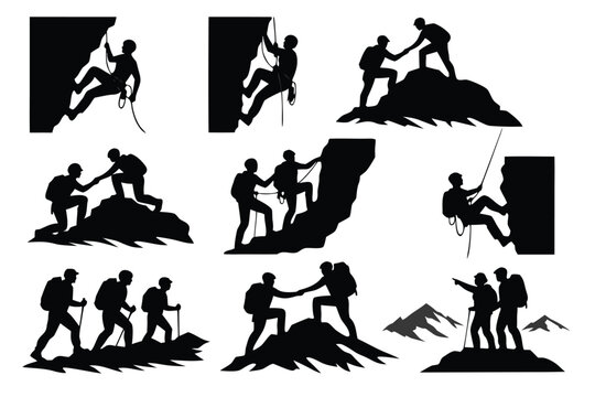 Set of Rock Climbing and Mountain Hiking Silhouettes Featuring Climbers Ascending Steep Cliffs with Rope Support, Partners Helping Each Other, and Groups Trekking to the Summit for Adventure.