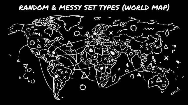 Black and White Hand-Drawn Doodle Line Art World Map with Random Messy Abstract Elements for Global Concepts and Business Connections