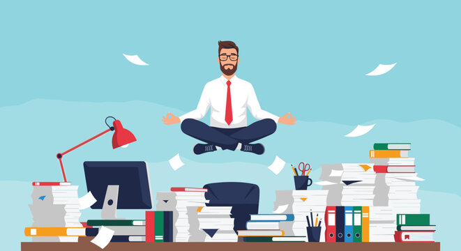 Stressed office worker practicing mindfulness by meditating in a floating lotus position above a cluttered desk of unfinished work.