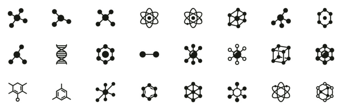 Set of various black molecular and atomic structure icons representing chemistry and science concepts on transparent background