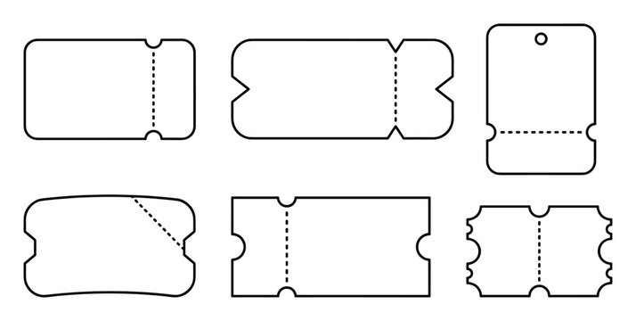 Set of blank perforated ticket shapes with different edges and cut styles in black outline on transparent background