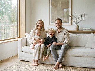 Obraz premium Family portrait on a sofa in a modern home with living room family time photo session portrait lifestyle children daughter together interior domestic connection caucasian natural light
